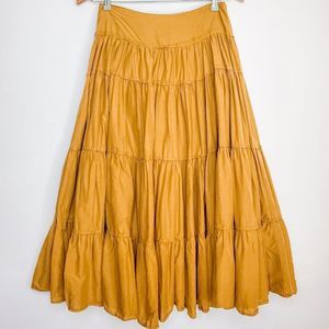 Vintage 90s Bernardo Mustard Yellow Full Tiered Circle A Line Midi Skirt Size 4